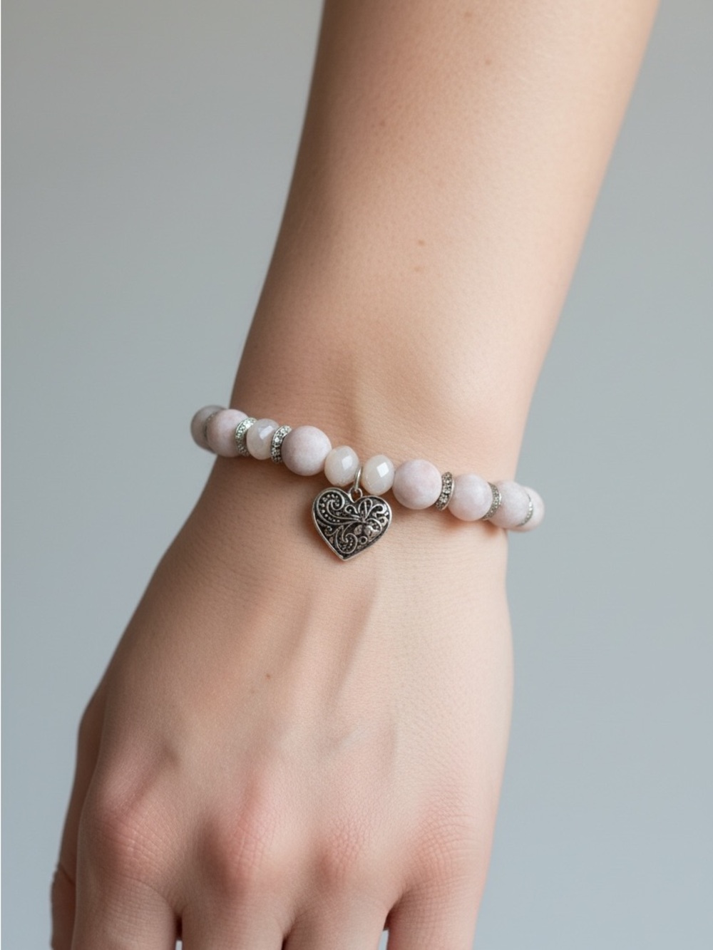 9/16 Delicate Pink Beaded Bracelet with Filigree Heart Charm